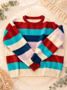 BiBi Multicolor Striped Crewneck Sweater - Red, Teal, Navy, Cream